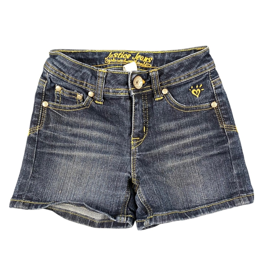 Justice Girls Dark Wash Denim Shorts Yellow Contrast Stitching Heart Size 8S